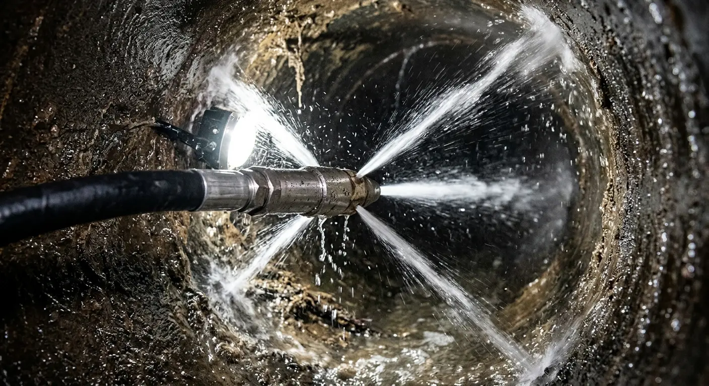 High-pressure hydro jetting nozzle cleaning sewer pipe for Trenchless Sewer Repair in Wright City