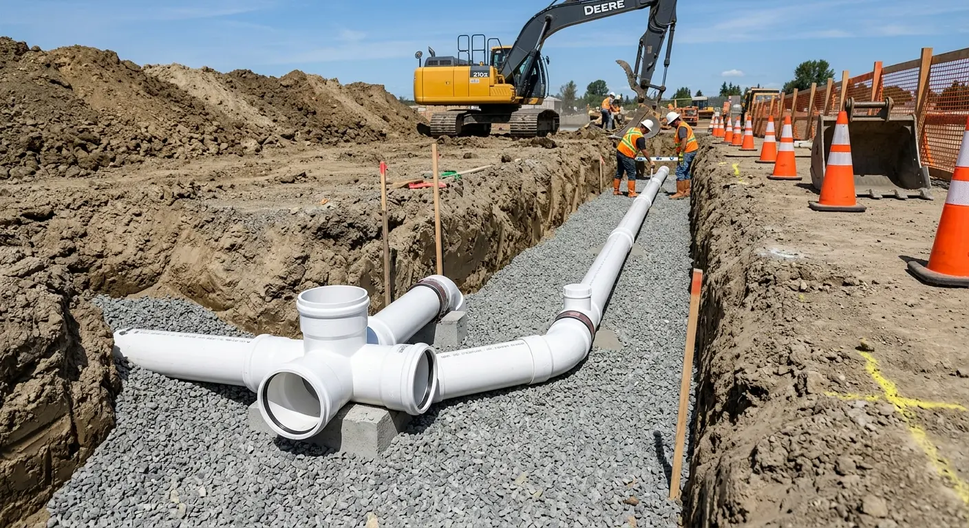New PVC sewer pipe installation in open trench for Sewer Backup in Wright City
