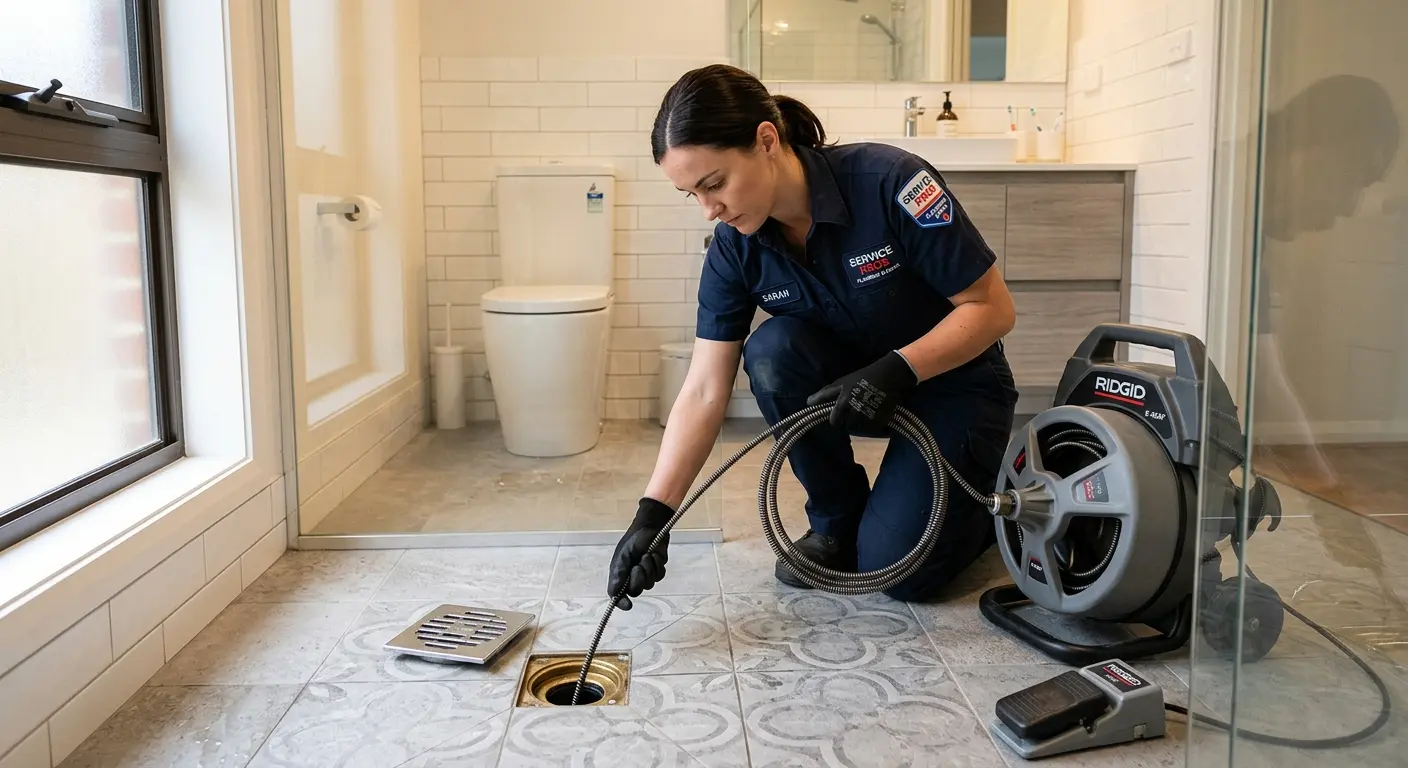Technician clearing a bathroom floor drain for Drain Cleaning in Wright City